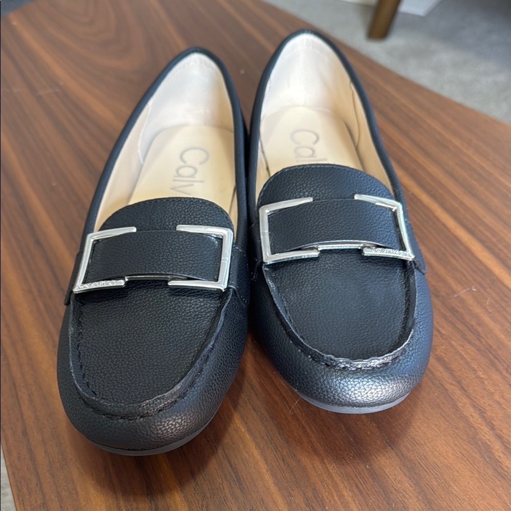 Calvin Klein Black Leather Loafers with Silver Buckle